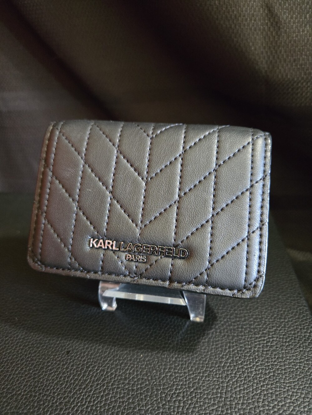 Karl Lagerfeld Black Quilted Card Case with Gunmetal Logo NWOT